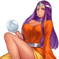  belt bracelet breasts brown_eyes cleavage collar covered_nipples crystal_ball dark-skinned_female dark_skin diadem dragon_quest dragon_quest_iv dress female forehead_jewel gem glint green_gemstone holding jewelry large_breasts long_hair long_sleeves looking_at_viewer minea_(dq4) necklace off-shoulder_dress off_shoulder orange_dress purple_hair shu-mai simple_background sitting solo white_background 