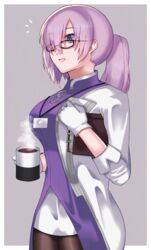  aged_up akio_(akio1124) alternate_costume black_pantyhose breasts chaldea_uniform coffee coffee_mug commentary cosplay cup fate/grand_order fate_(series) female glasses hair_over_one_eye highres jacket large_breasts mash_kyrielight mug pantyhose ponytail purple_eyes purple_hair romani_archaman romani_archaman_(cosplay) smile solo 