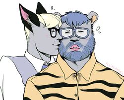  2020 animal_crossing animal_humanoid barold_(animal_crossing) beard blush closed_eyes clothing duo eyewear facial_hair flyingrotten glasses grey_body hi_res humanoid kissing male male/male moustache nintendo raymond_(animal_crossing) shirt simple_background topwear 