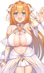  :d ahoge arm_at_side bare_shoulders blue_eyes blush braid braided_hair_rings breasts cleavage cosplay cowboy_shot cross female hair_between_eyes hair_rings happy highres jewelry komainu_(yamaha1997) large_breasts long_hair looking_at_viewer navel open_mouth orange_hair pecorine_(princess_connect!) princess_connect! ring salute simple_background smile solo tiara very_long_hair white_background yui_(ceremonial)_(princess_connect!) yui_(princess_connect!) yui_(princess_connect!)_(cosplay) 