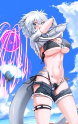  absurdres arms_up battle beach bikini black_bikini blue_eyes blue_sky blush breasts cleavage cloud commentary covered_nipples cowboy_shot cutoffs day denim denim_shorts dragon_girl dragon_horns dragon_tail energy_barrier energy_beam energy_shield female g_(genesis1556) hair_between_eyes highleg highleg_bikini highres horns jewelry large_breasts layered_bikini looking_at_viewer monster_girl multi-strapped_bikini_bottom navel necklace ocean open_clothes open_shorts original outdoors sacabambaspis scales shark shirt short_hair short_sleeves shorts side-tie_bikini_bottom sidelocks skindentation sky solo_focus standing stomach sweat swimsuit t-shirt tail thigh_strap tsubasa_ryuuji underboob undressing water white_hair white_shirt 