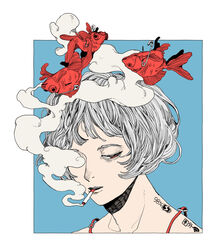  blue_background border charging_device cigarette collarbone commentary female grey_hair half-closed_eyes highres kamomiland koi original portrait red_eyes safety_pin short_hair smoke smoking solo spaghetti_strap surreal white_border 