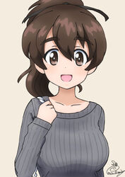  :d black_ribbon blush breasts brown_eyes brown_hair bukkuri collarbone female girls_und_panzer hair_between_eyes hair_ribbon highres holding_strap koyama_yuzu large_breasts looking_at_viewer medium_hair open_mouth ponytail ribbed_sweater ribbon short_ponytail signature smile solo sweater thick_eyebrows 