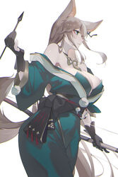  animal_ears arrow_(projectile) bare_shoulders black_gloves bow_(weapon) breasts brown_hair cleavage collarbone dog_ears dog_tail eyeliner female genshin_impact gloves green_eyes green_kimono hair_ornament highres hina_(genshin_impact) japanese_clothes jewelry kaneko_(bblogtinhan) kimono large_breasts long_hair long_sleeves makeup multicolored_hair neck_ring off_shoulder pom_pom_(clothes) pom_pom_hair_ornament sash solo streaked_hair tail tassel weapon white_hair wide_sleeves 