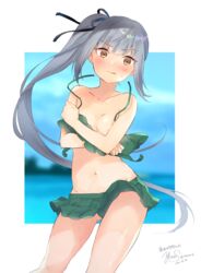  :q areola_slip artist_name bikini bikini_skirt black_ribbon blush breasts brown_eyes closed_mouth commentary_request covering_breasts covering_privates cowboy_shot dated female green_bikini grey_hair hair_ribbon kantai_collection kasumi_(kancolle) kasumi_kai_ni_(swimsuit_mode)_(kancolle) long_hair looking_at_viewer navel partial_commentary ribbon saiki_yuzuri side_ponytail signature small_breasts smile solo standing sweatdrop swimsuit tongue tongue_out wind wind_lift 