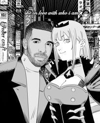  1boy absurdres beard breasts building buzz_cut cleavage cleavage_cutout closed_mouth clothing_cutout drake_(rapper) english_text facial_hair female greyscale highres hololive hololive_english jacket looking_at_viewer monochrome mori_calliope mori_calliope_(1st_costume) outdoors real_life short_hair spikes suit_jacket tiara turtleneck upper_body very_short_hair virtual_youtuber xyanaid 