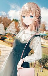  bag black_ribbon blonde_hair blue_eyes blue_sky blush borrowed_character closed_mouth cloud day dress duplicate female hair_ornament hair_ribbon highres long_sleeves looking_at_viewer original outdoors park ribbon ribbon_braid shirt sky sleeveless sleeveless_dress solo standing tadano_yukiko white_shirt 