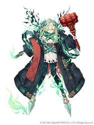  alternate_hair_length alternate_hairstyle angry breasts clenched_teeth coat corruption crystal explosive female full_body glowing glowing_eyes green_hair grenade hair_over_one_eye highres ji_no little_match_girl_(sinoalice) long_hair looking_at_viewer molotov_cocktail no_feet official_art oversized_clothes red_eyes scarf scowl sinoalice small_breasts solo square_enix tattoo teeth torn_clothes white_background 