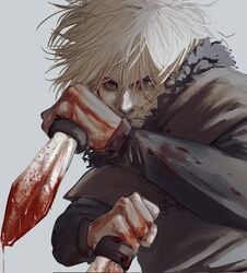  1boy blonde_hair corrupted_twitter_file dagger dual_wielding fighting_stance fur_trim hands_up highres holding holding_weapon jumi_skt knife looking_at_viewer male_focus sanpaku short_hair thorfinn upper_body viking vinland_saga weapon 