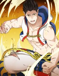  1boy abs aura bad_id bad_pixiv_id bara blood blood_on_hands blood_on_leg blue_jacket cropped_jacket fighting_stance hood hood_down hooded_jacket injury jacket jigoku_meguri large_pectorals male_focus multicolored_clothes multicolored_jacket muscular muscular_male navel pants pectorals sengoku_basara sleeveless sleeveless_jacket solo tokugawa_ieyasu_(sengoku_basara) torn_clothes torn_pants two-tone_jacket white_jacket white_pants 