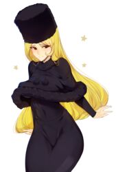  absurdres black_dress black_hat blonde_hair coat commentary dress female fur_hat ginga_tetsudou_999 hat highres long_hair looking_at_viewer maetel red_eyes simple_background slugbox smile solo star_(symbol) ushanka white_background 