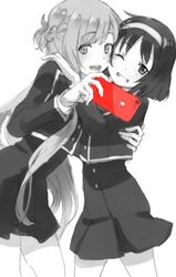  2girls asuna_(sao) blush cellphone hairband holding holding_phone hozumi_ayaka hug iphone konno_yuuki_(sao) long_hair monochrome multiple_girls one_eye_closed open_mouth phone school_uniform selfie short_hair skirt smartphone spot_color sword_art_online teeth upper_teeth_only 