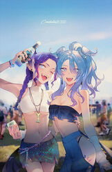  2022 2girls alternate_costume black_panties black_tube_top blue_eyes blue_hair blue_hairband bottle braid breasts cleavage cloud coachella_festival cup denim elira_pendora english_commentary fangs festival green_skirt hair_behind_ear hairband hand_on_another&#039;s_hip heterochromia hip_vent holding holding_bottle holding_cup jeans jewelry kistina long_hair medium_breasts midriff multiple_girls navel necklace nijisanji nijisanji_en one_eye_closed panties pants photo_background pointy_ears ponytail purple_eyes purple_hair revealing_clothes selen_tatsuki siblings sisters skirt sky slit_pupils smile strapless tail tube_top twin_braids underboob underwear virtual_youtuber 