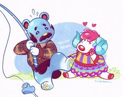  2020 animal_crossing anthro bear beardo_(animal_crossing) blue_body blue_fur blush bovid caprine duo english_text facial_hair fishing flyingrotten fur heart_symbol hi_res male mammal moustache nintendo pietro_(animal_crossing) sheep sitting text 