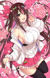  bare_shoulders black_thighhighs blush breasts brown_hair cherry_blossoms female flower hair_flower hair_ornament halterneck hand_up highres jacket large_breasts long_hair long_sleeves looking_at_viewer miniskirt multicolored_hair nail_polish off_shoulder open_clothes open_jacket open_mouth original paw_pose pink_hair pink_nails pink_skirt pleated_skirt sakuramon sideboob sidelocks skirt smile solo streaked_hair thighhighs untue yellow_eyes 