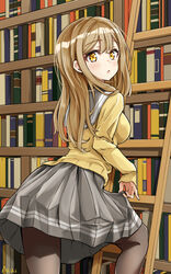  :o akiki_(kiki) artist_name black_pantyhose book brown_hair climbing double_horizontal_stripe female foot_up from_behind grey_skirt highres kunikida_hanamaru ladder library long_hair long_sleeves looking_at_viewer looking_back love_live! love_live!_sunshine!! miniskirt open_mouth pantyhose pleated_skirt school_uniform serafuku skirt skirt_hold solo standing sweater uranohoshi_school_uniform yellow_eyes yellow_sweater 