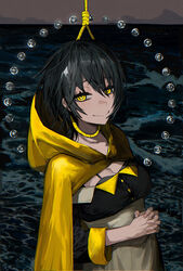  apron black_bra black_hair bra bra_peek bra_strap breasts cleavage cloak closed_mouth commentary female highres hood hood_down hooded_cloak interlocked_fingers large_breasts long_sleeves looking_at_viewer lower_(vocaloid) night noose ocean off_shoulder own_hands_clasped own_hands_together ringed_eyes short_hair smile solo underwear unrefle upper_body waist_apron waves yellow_cloak yellow_eyes yellow_theme 