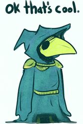  2017 2:3 animal_mask anthro avian beak beak_mask cloak clothed clothing dialogue english_text green_beak headgear hood hoodie knight lol_comments male mask plague_doctor plague_knight reaction_image rosemary-the-skunk shovel_knight simple_background solo soulless_eyes standing text topwear warrior white_background wide_eyed yacht_club_games 