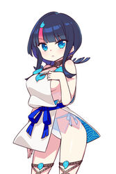  bare_shoulders black_hair blue_eyes blue_ribbon blush breasts chan_co collarbone commentary_request dress fate/grand_order fate/requiem fate_(series) female fundoshi hand_on_own_chest japanese_clothes jewelry large_breasts long_sleeves looking_at_viewer magatama magatama_hair_ornament medium_hair multicolored_hair necklace open_mouth pelvic_curtain pink_hair puffy_long_sleeves puffy_sleeves ribbon seigaiha short_dress sideboob sideless_outfit sidelocks simple_background solo streaked_hair thigh_strap thighs two-sided_fabric two-sided_skirt utsumi_erice white_background white_dress 