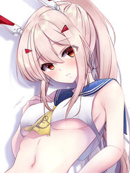  anchor_symbol ascot ayanami_(azur_lane) ayanami_(retrofit)_(azur_lane) azur_lane blonde_hair blush breasts closed_mouth commentary crop_top female hair_between_eyes hair_ornament hand_on_own_chest headpiece highres long_hair looking_at_viewer medium_breasts midriff navel poco. red_eyes revealing_clothes sailor_collar shadow shirt signature simple_background sleeveless solo underboob upper_body white_background white_shirt yellow_ascot 