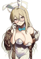  akane_(blue_archive) akane_(bunny)_(blue_archive) animal_ears blue_archive blue_bow blue_bowtie bow bowtie breasts brown_hair detached_collar fake_animal_ears female glasses gloves halo highres large_breasts leotard long_hair looking_back official_alternate_costume pantyhose parted_lips playboy_bunny rabbit_ears simple_background smile solo strapless strapless_leotard white_background white_gloves white_leotard white_pantyhose yoruhachi 