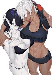  2girls :d abs bikini black_bikini black_hair black_sports_bra blue_eyes breasts cleavage colored_skin commentary cowboy_shot dark-skinned_female dark_skin hair_between_eyes highres kaoruko_(unkrk55) linea_alba long_hair looking_at_viewer multiple_girls muscular muscular_female navel obliques open_mouth original pointy_ears red_eyes simple_background smile sports_bra sportswear sweat swimsuit symbol-only_commentary teeth tongue tongue_out white_background white_hair white_skin 