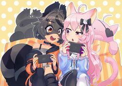  2girls :3 :d ahoge animal_ear_legwear animal_ears antenna_hair asymmetrical_legwear bandaid bandaid_on_knee bandaid_on_leg bare_shoulders birthday black_bow black_choker black_legwear black_skirt blue_hoodie bow cat_ear_legwear cat_ears cat_girl cat_hair_ornament choker collarbone commentary commission controller english_commentary eye_mask eyepatch feet_out_of_frame game_controller grey_hair grey_shirt hair_between_eyes hair_intakes hair_ornament hairbow heart heart_eyepatch highres holding holding_controller holding_game_controller hood hoodie indie_virtual_youtuber kneehighs light_blush logo_parody long_hair looking_at_screen mascot mixed-language_commentary multicolored_hair multiple_girls nintendo_switch nyatasha_nyanners nyatasha_nyanners_(1st_costume) off-shoulder_shirt off_shoulder oozaki_nando open_mouth orange_hoodie outline peeping pink_hair pleated_skirt polka_dot polka_dot_background purple_eyes raccoon_ears raccoon_girl raccoon_tail raised_eyebrow second-party_source shirt short_hair shoulder-to-shoulder single_kneehigh single_sock single_thighhigh sitting skeb_commission skirt skull_print smile snuffy_(vtuber) snuffy_(vtuber)_(1st_costume) socks sparkle streaked_hair striped_tail sweatdrop tail teeth thick_eyebrows thighhighs two-tone_background two-tone_hoodie uneven_eyes uneven_legwear unzipped virtual_youtuber vshojo white_background white_legwear x_hair_ornament yellow_background zipper zipper_pull_tab 