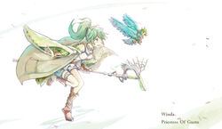  armored_animal bare_shoulders bird breasts character_name collar duel_monster female gloves green_eyes green_hair gusto_gulldo hair_ornament highres holding holding_staff jacket jewelry long_hair medium_breasts necklace open_mouth ponytail red_eyes sandals shorts staff standing standing_on_one_leg tamago_(xyxk3743) thighlet winda_(yu-gi-oh!) winda_priestess_of_gusto yu-gi-oh! 