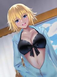  absurdres bikini black_bikini black_hairband blonde_hair blue_eyes blue_hoodie blue_jacket blush breasts cleavage collarbone fate/grand_order fate_(series) female hairband highres hood hooded_jacket hoodie jacket jeanne_d&#039;arc_(fate) jeanne_d&#039;arc_(swimsuit_archer)_(fate) jeanne_d&#039;arc_(swimsuit_archer)_(first_ascension)_(fate) large_breasts lightbear long_hair long_sleeves looking_at_viewer open_mouth smile solo swimsuit zipper 