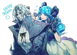  1boy black_bow black_jacket black_sclera blue_eyes bow collarbone colored_sclera dress drill_hair female gwen_(league_of_legends) hair_behind_ear hairbow heart highres holding holding_another&#039;s_hair jacket korean_commentary korean_text league_of_legends long_hair pale_skin parted_lips pectorals small_dduck smile twin_drills twintails viego_(league_of_legends) white_dress white_hair 