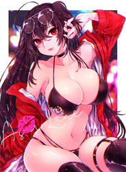  ahoge arm_up armpits azur_lane bare_shoulders bikini black_bikini black_choker black_hair black_thighhighs breasts choker cleavage collarbone commentary copyright_name crossed_bangs eyewear_on_head female hair_between_eyes highleg highleg_bikini highres jacket large_breasts long_hair long_sleeves looking_at_viewer midriff multi-strapped_bikini_bottom navel off_shoulder official_alternate_costume one_side_up open_clothes open_jacket parted_lips race_queen red_eyes red_jacket shichijou_natori sidelocks sitting skindentation skirt solo stomach sunglasses swimsuit taihou_(azur_lane) taihou_(enraptured_companion)_(azur_lane) thigh_strap thighhighs underboob very_long_hair white_nails 