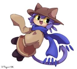  2020 ambiguous_gender anthro blue_hair blue_scarf blush blush_lines brown_clothing brown_coat brown_hat brown_headwear brown_topwear clothed clothing coat domestic_cat fangs felid feline felis fur hair hat headgear headwear kemono kurogin_(artist) mammal niko_(oneshot) oneshot open_mouth open_smile oversized_clothing scarf simple_background smile solo tan_body tan_fur teeth topwear white_background yellow_eyes 