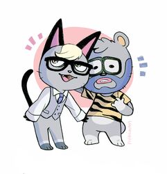  2020 animal_crossing anthro barold_(animal_crossing) bear bottomless chibi clothed clothing cute_fangs domestic_cat duo eyewear felid feline felis flyingrotten glasses grey_body hi_res male male/male mammal necktie nintendo raymond_(animal_crossing) shirt simple_background topwear 