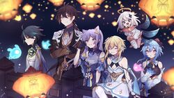  2boys 4girls bell black_gloves black_hair blonde_hair blue_hair collared_shirt detached_sleeves dress flower ganyu_(genshin_impact) genshin_impact gloves hair_flower hair_ornament hand_on_own_chest highres himey horns keqing_(genshin_impact) lantern long_hair long_sleeves lumine_(genshin_impact) multiple_boys multiple_girls night paimon_(genshin_impact) paper_lantern purple_dress purple_eyes purple_sleeves romper seelie_(genshin_impact) shirt sitting sky_lantern smile tassel white_dress white_romper white_sleeves xiao_(genshin_impact) yellow_eyes zhongli_(genshin_impact) 