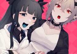  2girls artemis_of_the_blue atelier_live black_choker blue_tongue breasts choker cleavage colored_tongue commentary commission ear_piercing english_commentary eyebrows_hidden_by_hair highres indie_virtual_youtuber long_hair medium_breasts mochi_(buchumi10) mole mole_under_eye multiple_girls open_mouth piercing pink_background pointy_ears rinkya second-party_source short_hair skeb_commission tank_top virtual_youtuber white_tank_top yuri 