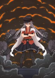  bell_shireikan belt black_footwear black_gloves black_hat black_pantyhose black_skirt boots cannon closed_mouth commentary_request female gangut_(kancolle) gangut_dva_(kancolle) gloves grey_hair gunbuster_pose hair_between_eyes hat highres jacket kantai_collection long_hair machinery orange_eyes pantyhose partial_commentary peaked_cap red_shirt shirt skirt smile smoke smokestack solo turret white_jacket 