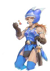  absurdres armor belt blue_armor breasts brown_eyes brown_gloves brown_hair cleavage daisy_(dq) dragon_quest dragon_quest_yuusha_abel_densetsu fake_horns female gloves helmet highres horned_helmet horns long_hair looking_at_viewer open_mouth p!k@ru simple_background solo sword thighhighs weapon white_background 