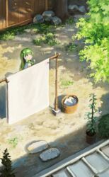  alternate_eye_color alternate_hairstyle bed_sheet clothesline commentary day female fjsmu frog_hair_ornament from_above grass green_eyes green_hair hair_ornament hair_tubes highres kochiya_sanae laundry_basket long_hair looking_up outdoors plant potted_plant rock scenery shadow single_sidelock smile snake_hair_ornament solo standing stepping_stones touhou tree upper_body very_long_hair wide_shot 