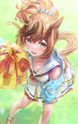  animal_ears blush brown_eyes brown_hair cheering cheerleader collarbone female hair_between_eyes highres holding holding_pom_poms horse_ears horse_girl horse_tail jacket long_hair long_sleeves multicolored_hair nice_nature_(run&amp;win)_(umamusume) nice_nature_(umamusume) open_clothes open_jacket open_mouth ouri_(aya_pine) pleated_skirt pom_pom_(cheerleading) red_hair skirt solo tail umamusume white_skirt 