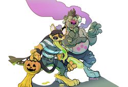  2018 absurd_res anthro belly bottomwear breeze_in_the_clouds canid canine canis clothing coyote duo halloween hi_res holidays humanoid_hands hyena male mammal nono_(breeze_in_the_clouds) overweight overweight_male pants shirt simple_background sodo_(breeze_in_the_clouds) topwear white_background zarockthewolf 