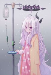  blue_archive cardigan cardigan_on_shoulders coat coat_on_shoulders commentary_request demon_girl demon_horns female gradient_background grey_background hair_between_eyes highres hina_(blue_archive) hina_(pajamas)_(blue_archive) holding horns intravenous_drip iv_stand jacket jacket_on_shoulders long_hair long_sleeves looking_at_viewer nenosame open_cardigan open_clothes pajamas pink_pajamas polka_dot polka_dot_pajamas purple_eyes sidelocks simple_background smile solo white_hair yellow_cardigan yellow_coat 