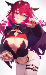  alternate_costume black_choker bloom_(irys) blue_eyes blush breasts choker cleavage female getto gloom_(irys) grin heterochromia highres hololive hololive_english horns irys_(hololive) large_breasts long_hair looking_at_viewer multicolored_hair multicolored_nails navel pants pointy_ears purple_eyes purple_hair red_hair smile solo streaked_hair very_long_hair virtual_youtuber white_background white_pants 