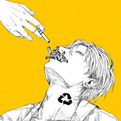  1boy adam&#039;s_apple arrow_(symbol) cigarette commentary earrings highres jewelry kamomiland limited_palette looking_up male_focus mole mole_under_eye original portrait recycling_symbol short_hair solo_focus spot_color yellow_background yellow_eyes yellow_theme 