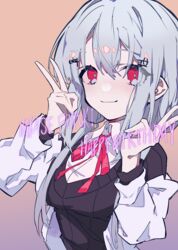  absurdres bad_id bad_pixiv_id black_cardigan black_sweater cardigan closed_mouth double_v female grey_hair hair_ornament hairclip hakase_fuyuki hakase_fuyuki_(1st_costume) happy_birthday highres jacket lab_coat long_sleeves looking_at_viewer low_twintails mochizuki_kei_(style) neck_ribbon nijisanji red_eyes red_ribbon ribbon sauce_darusungi solo sweater twintails upper_body v virtual_youtuber white_jacket 