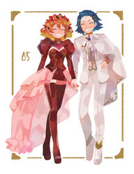  1boy ^_^ absurdres alternate_costume alternate_hairstyle blue_hair blush boots breasts closed_eyes couple dress female formal freyja_wion hair_behind_ear hair_ornament hair_slicked_back hairclip hayate_immelmann highres holding_hands juliet_sleeves long_sleeves macross macross_delta orange_hair pants pink_skirt puffy_sleeves red_dress red_footwear ro_(tuyu_416) skirt small_breasts smile straight suit thigh_boots thighhighs v-shaped_eyebrows white_footwear white_pants white_suit 