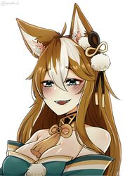  :d anafuu animal_ears bare_shoulders blush brown_hair close-up collarbone commentary detached_sleeves dog_ears dog_girl english_commentary female genderswap_(mtf) genshin_impact gorou_(genshin_impact) green_eyes hair_between_eyes hair_ornament highres hina_(genshin_impact) japanese_clothes long_hair looking_at_viewer multicolored_hair rule_63 sidelocks simple_background smile solo streaked_hair thick_eyebrows twitter_username white_background 