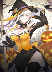  adjusting_clothes adjusting_headwear amatsuki_colors black_dress black_gloves black_hat black_thighhighs branch breasts brooch broom brown_eyes cleavage cleavage_cutout closed_mouth clothing_cutout commentary dress female frilled_sleeves frills gloves hair_ornament halloween hat highres holding holding_broom jack-o&#039;-lantern jack-o&#039;-lantern_brooch jack-o&#039;-lantern_ornament jewelry large_breasts light_brown_hair long_dress looking_at_viewer orange_dress orange_hat original short_hair side_slit sidelocks solo standing thighhighs torn_clothes torn_dress two-tone_dress two-tone_headwear witch_hat 