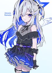  amane_kanata amane_kanata_(work) angel angel_wings asymmetrical_bangs asymmetrical_hair bad_id bad_pixiv_id black_skirt blue_hair blue_wings colored_inner_hair dress feathered_wings female frilled_dress frilled_skirt frills gradient_wings grey_hair hair_ornament hair_over_one_eye hairclip halo highres hololive kneehighs long_hair mini_wings miniskirt mochizuki_kei_(style) multicolored_hair multicolored_wings official_alternate_hair_length official_alternate_hairstyle purple_eyes sauce_darusungi skirt socks solo star_halo streaked_hair turtleneck turtleneck_dress two_side_up virtual_youtuber white_wings wings 