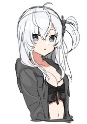  alternate_costume bad_id bad_twitter_id bikini black_bikini breasts female grey_eyes grey_hair grey_hoodie hair_between_eyes headgear highres hood hood_down hoodie kantai_collection looking_at_viewer navel open_mouth sayuwan simple_background solo suzutsuki_(kancolle) suzutsuki_(swimsuit_mode)_(kancolle) swimsuit upper_body white_background 