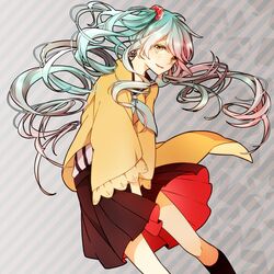  aqua_hair aqua_neckerchief bare_legs between_legs black_socks blush commentary diagonal_stripes feet_out_of_frame female floating_hair hair_ornament hair_scrunchie hand_between_legs hatsune_miku highres kneehighs long_hair long_sleeves looking_at_viewer multicolored_hair neckerchief own_hands_together parted_lips pleated_skirt red_skirt scrunchie skirt smile socks solo star_(symbol) striped striped_background tadano_yukiko twintails v_arms very_long_hair vocaloid wide_sleeves yellow_eyes 